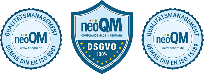 neoQM Zertifikate: DIN EN ISO 9001, DSGVO, DIN EN ISO 15189